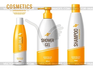 Hair balm, shampoo and shower gel bottles package - vector clip art