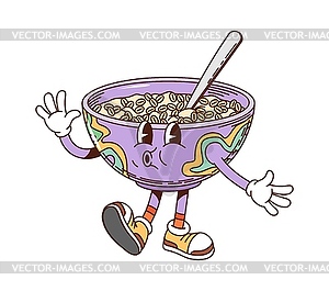 Oatmeal porridge retro groovy cartoon character - vector clipart