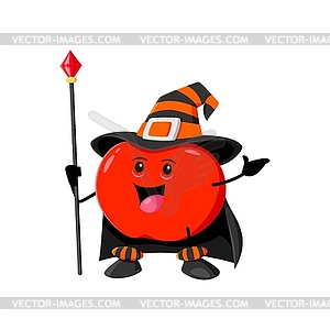 Cartoon Halloween apple fruit mage, wizard, witch - vector image