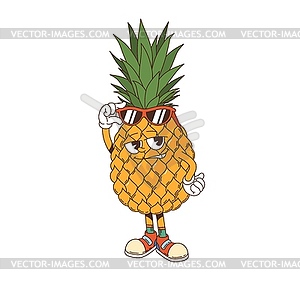 Cartoon groovy pineapple retro fruit character - vector clip art