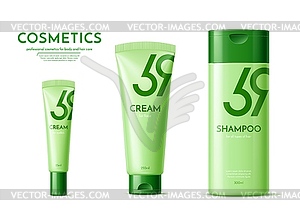 Green shampoo bottle and cream tube cosmetics - vector clipart