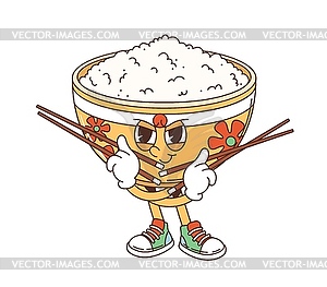 Rice bowl cartoon groovy character with chopsticks - vector image