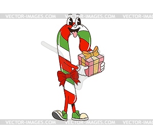 Retro groovy Christmas candy cane holding gift box - vector EPS clipart