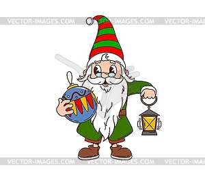 Retro groovy Christmas gnome dwarf with lantern - vector image