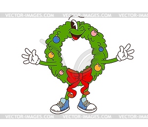 Retro groovy Christmas wreath with ornaments - vector clipart