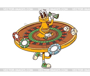 Retro groovy casino roulette character with money - vector clip art