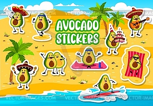 Stickers of funny Mexican avocado characters set - vector clipart