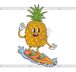 Cartoon groovy pineapple fruit character surfing - vector clip art