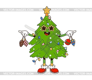 Retro groovy Christmas holiday pine tree character - vector image