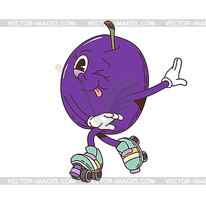 Cartoon groovy plum character on roller skates - vector image