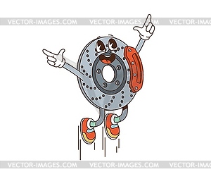 Retro groovy car break disk character jumping - vector clip art