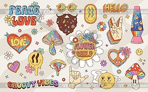 Retro groovy hippie symbols of peace and flowers - color vector clipart