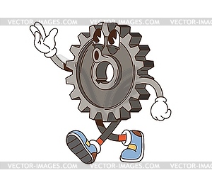 Retro groovy car gear character cheerfully whistle - vector clip art