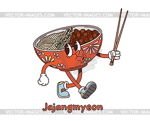 Cartoon groovy Korean jajangmyeon bowl character - vector image