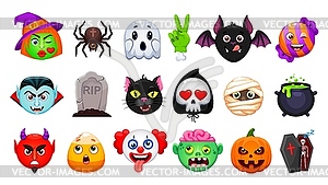 Cartoon Halloween emoji icons set - vector clip art
