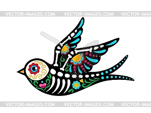 Day of dead Mexican swallow bird skeleton tattoo - vector image