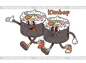 Cartoon groovy Korean kimbap retro characters - vector clip art