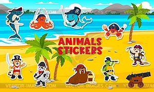 Cartoon sea pirate animal characters stickers pack - vector clip art