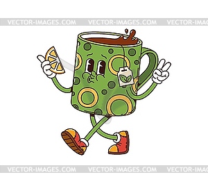 Tea cup retro groovy breakfast cartoon character - vector clip art