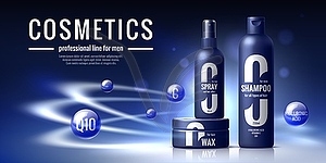 Men cosmetic product templates. Shampoo, spray - vector clipart