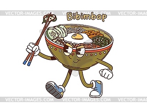 Cartoon groovy Korean bibimbap bowl character - vector clipart