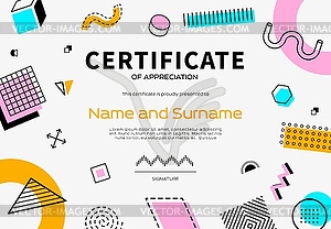 Certificate template, abstract geometric Memphis - color vector clipart