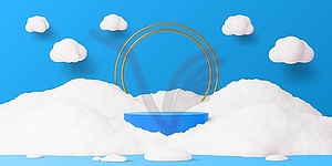 3D kids Christmas podium with snow and golden arch - vector image