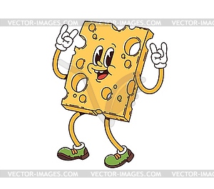 Cheese retro groovy cartoon breakfast character - vector image