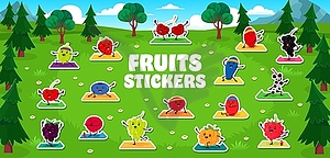 Stickers pack of funny berry characters on fitness - vector clipart