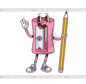 Groovy school sharpener holding wooden pencil - vector clipart