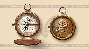 Realistic antique nautical compass with wind rose - vector image