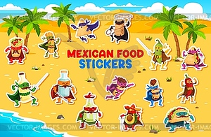 Cartoon superhero Mexican food characters on beach - vector clipart