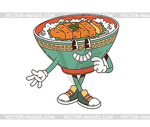 Cartoon groovy katsudon donburi retro character - vector clip art