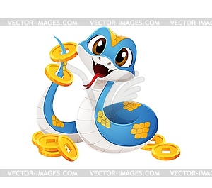 Cartoon snake character surrounded by gold coins - vector image