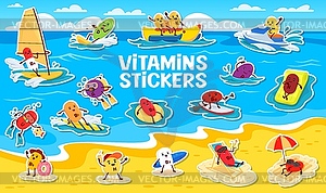 Stickers of cartoon vitamin characters on vacation - vector image