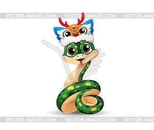 Cartoon snake with yellow spots wears dragon hat - vector clipart