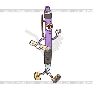 Groovy school pen character confidently walking - royalty-free vector clipart