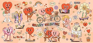 Cartoon groovy valentine characters, love symbols - royalty-free vector clipart