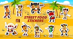 Stickers of cartoon fast food cowboys and rangers - vector clip art