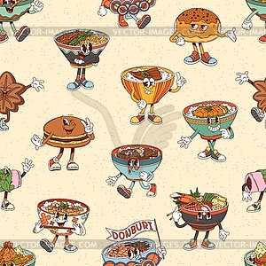 Groovy Japanese cuisine character seamless pattern - vector clip art