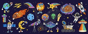 Retro cartoon groovy space characters set - vector clipart