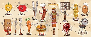 Retro groovy barbeque , cartoon bbq characters set - vector clip art