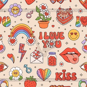 Retro groovy hippie love pattern, hearts, rainbows - vector clipart