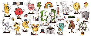 Retro groovy finance characters, money, bank, card - vector clip art