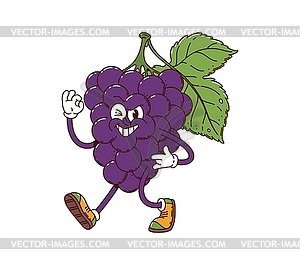 Cartoon groovy grape fruit character with leaf - vector clipart