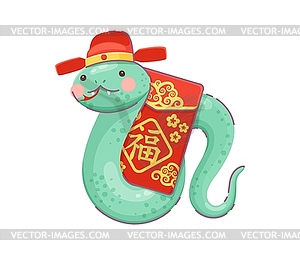Cartoon snake in traditional Chinese red hat - vector image