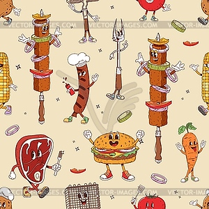 Groovy barbeque characters, bbq grill pattern - vector clipart / vector image