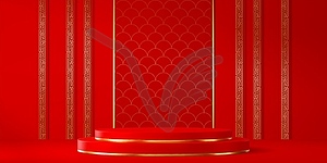 Chinese red podium, stage with golden decoration - vector image