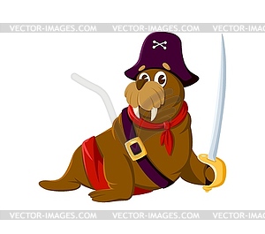 Cartoon walrus animal pirate and corsair character - vector clipart