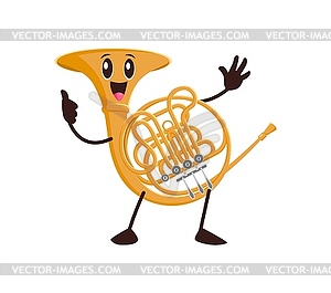 Cartoon funny french horn, musical wind instrument - vector image